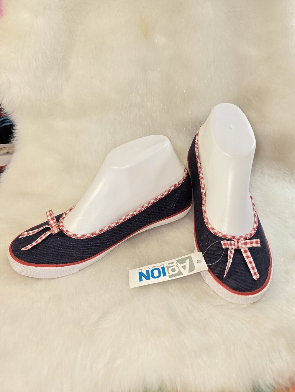 Lands End Girls Navy Canvas Ballet Flats with Red Gingham Trim & Bow